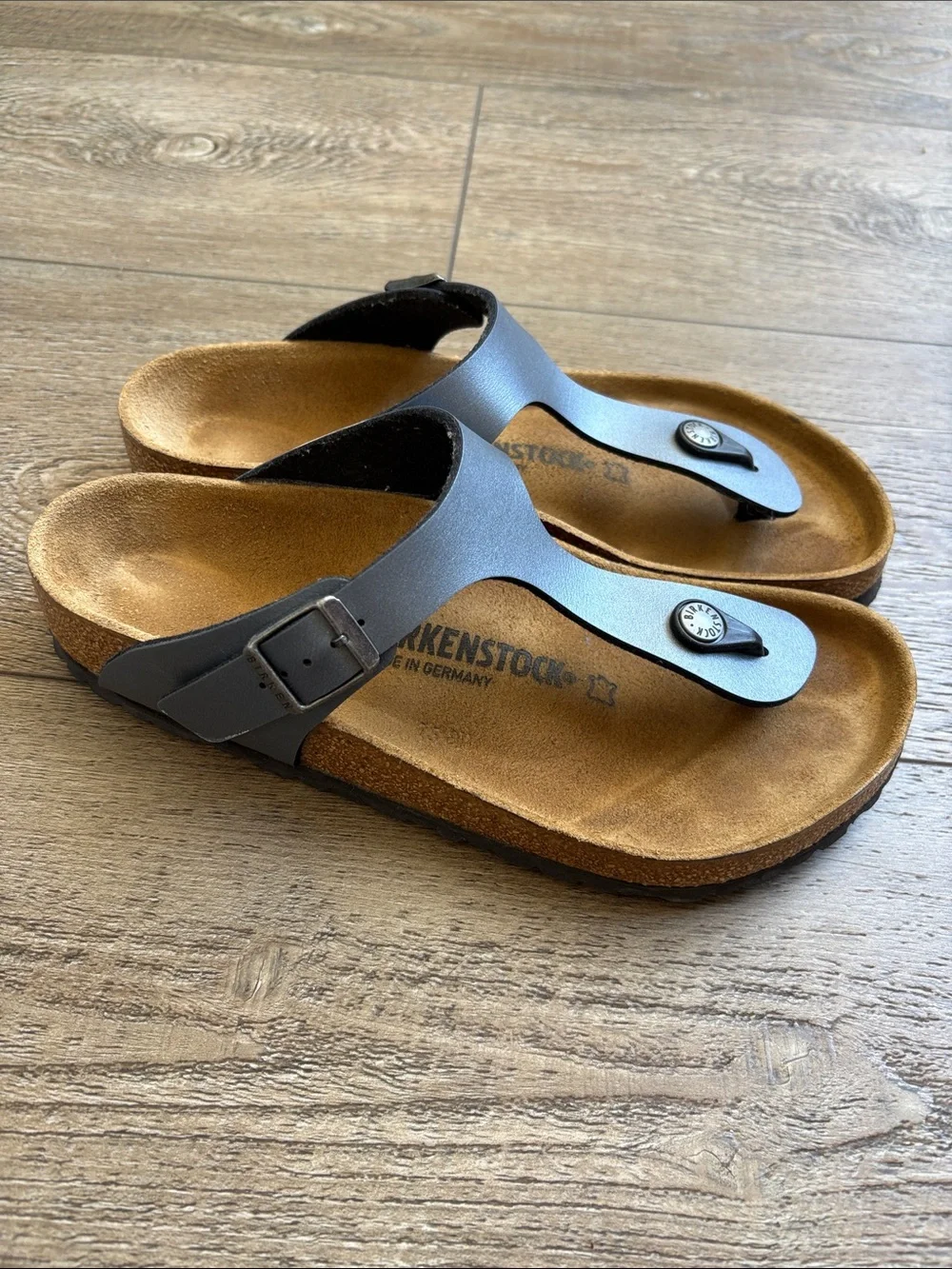 Birkenstock Gizeh Thong Sandals in Black Birko-Flor Faux Leather w Cork Footbed